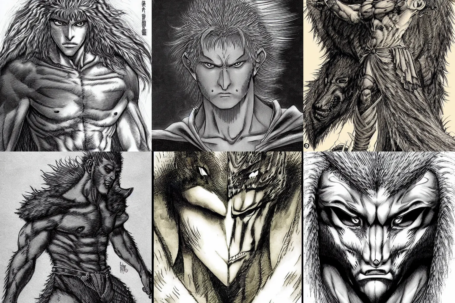 Prompt: stunning character design by kentaro miura of a half wolf half man hybrid