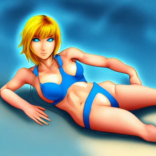 Image similar to Samus Aran from Metroid in a light-blue bikini sunbathing on the beach, digital art