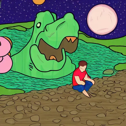 Image similar to digital art, farmer recollecting planets for a big crocodile that is waiting to eat them with a pink bib of a bear