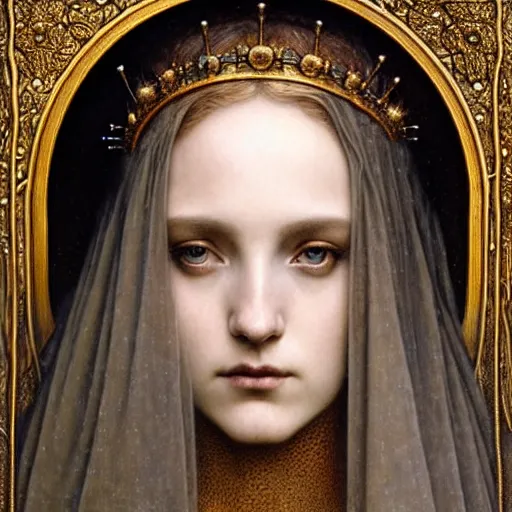 Image similar to detailed realistic beautiful young medieval queen face portrait by jean delville, tom bagshaw, brooke shaden, gustave dore and marco mazzoni, art nouveau, symbolist, visionary, gothic, pre - raphaelite, ornate gilded medieval icon, surreality, ethereal, unearthly, haunting, celestial, neo - gothic, ghostly, memento mori, nightmare