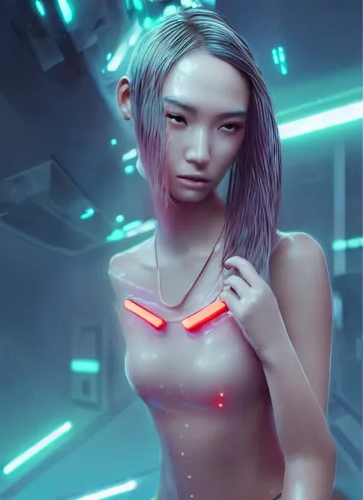 Image similar to a beautiful oriental female humanoid with freckled cheeks, cyber neon lighting, futurism, intricate futuristic jewelry accessories, cyberpunk glossy white latex swimsuit, profile posing, hyper photorealistic, crispy quality, digital photography, trending in artstation, trending in pinterest, cinematic, 4 k ultra hd, art by pascal blanche, art by greg rutkowski,