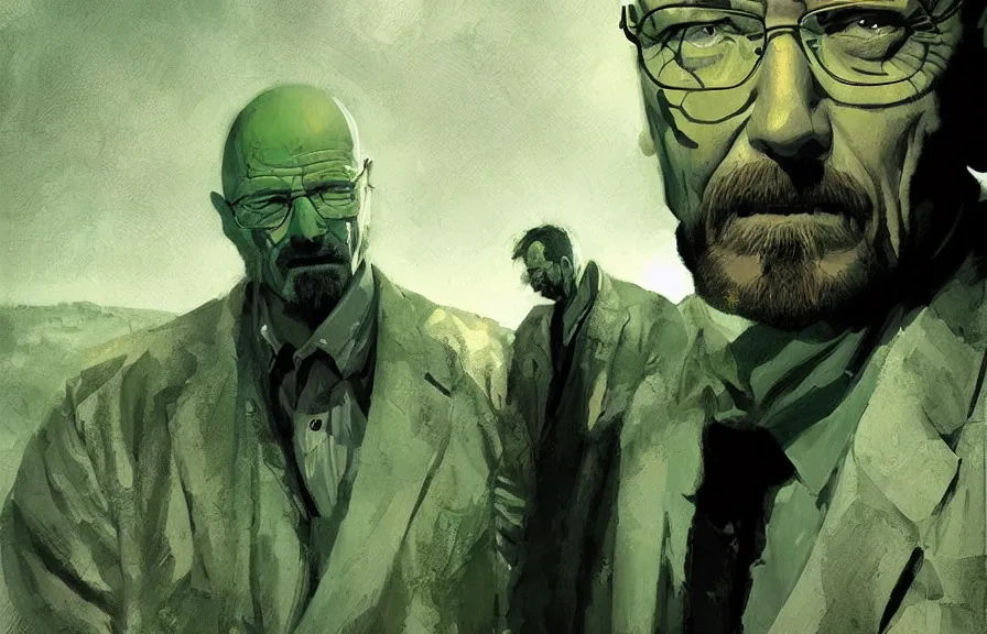 Prompt: Walter White receives his Reckoning, by Greg Rutkowski and Dave McKean green color palette