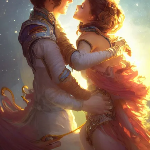 Prompt: a young couple hugging each other in space, D&D, fantasy, intricate, elegant, highly detailed, digital painting, artstation, concept art, matte, sharp focus, illustration, hearthstone, art by Artgerm and Greg Rutkowski and Alphonse Mucha