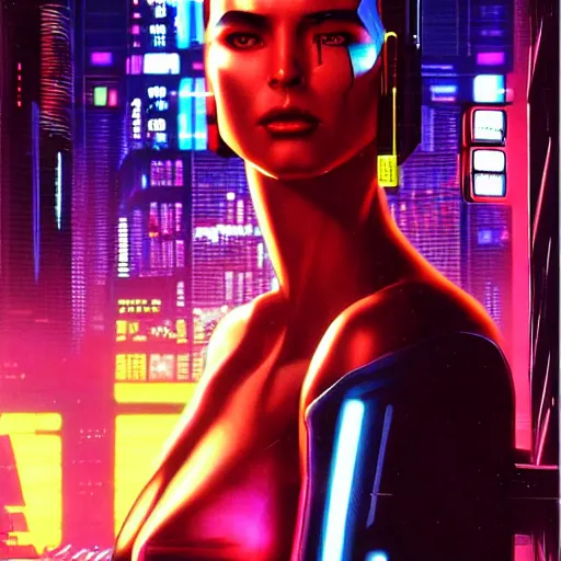 Image similar to 1979 OMNI Magazine Cover a portrait of a cyberpunk model, Night City, cyberpunk 2077, street level neo-Tokyo in cyberpunk 2020 style by Vincent Di Fate by mark arian by artgerm, 4k, 8k, HD, trending on artstation