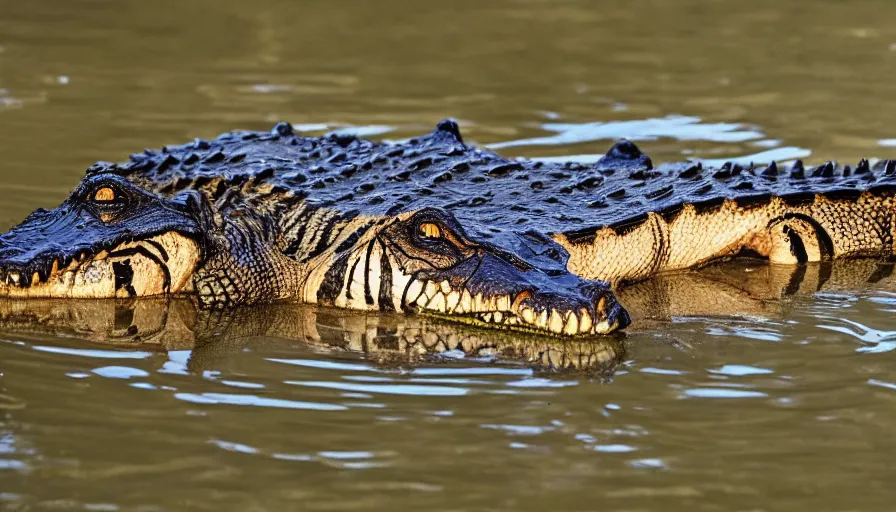 Image similar to an alligator tiger!!! hybrid! hyper realistic!! realistic lighting!! wildlife photographer of the year!!! bold natural colors, national geographic, hd, wide angle, 8 k