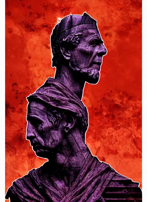 Prompt: design poster showing a statue of julius caesar, black background with very subtle red and purple text and design elements, powerful, nekro, graphic design, collage art, thin lines, dark, glitch art, neo vaporwave, gritty, layout frame, square, trending on artstation