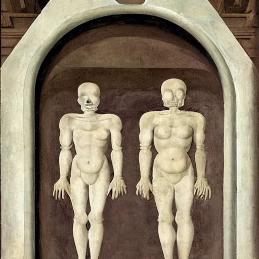 Image similar to evocative play doh, mesoamerican by piero della francesca. in the center of the sculpture is a large gateway that seems to lead into abyss of darkness. on either side of the gateway are two figures, one a demon - like creature, the other a skeletal figure.