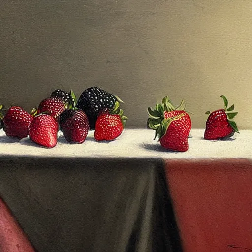 Image similar to table with very very black colored strawberries, #black strawberry fruit, ?black strawberry, !black strawberries, •black strawberries painted by rossdraws, greg rutkowski, thomas kindkade