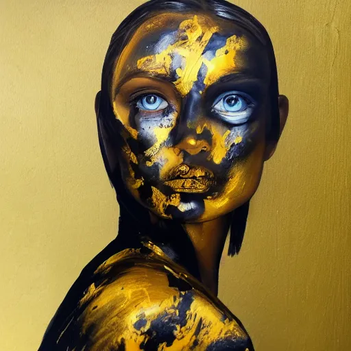 Image similar to liquid marble acrylic fluid paint, portrait, golden and black liquid materials, abstract art, beautiful female model standing, face with 3 eyes, semi realism, surreal