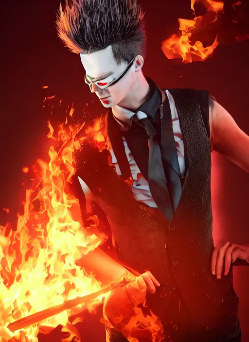 Image similar to An epic fantasy comic book style portrait painting of young man with long red spiked hair. Blasting fire on his hands. Wearing a black waistcoat, white shirt, using googles. Unreal 5, DAZ, hyperrealistic, octane render, cosplay, RPG portrait, dynamic lighting