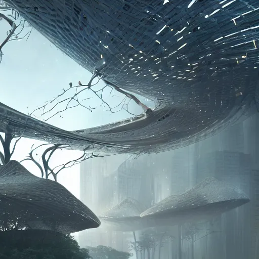 Prompt: futuristic branching and bifurcating and vaulted and webbed canopy structure stretching out across the countryside, beautiful dynamic lighting, cinematic, wide angle establishing shot, extremely high detail, photo realistic, cinematic lighting, post processed, concept art, artstation, matte painting, style by eddie mendoza, raphael lacoste, alex ross, volumetric lighting, light rays, photorealistic, ultrarealistic, moody, coronarender, 8k