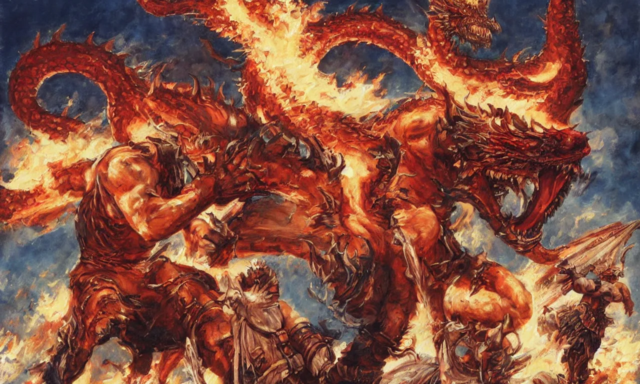 Image similar to a detailed oil painting rendition of kratos as lebron james riding a gigantic fire breathing dragon, art by norman rockwell