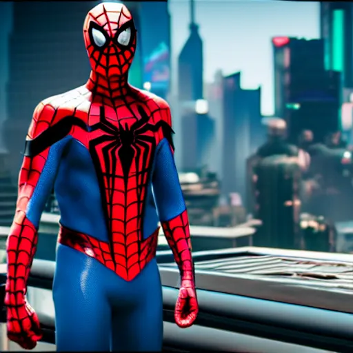 Image similar to futuristic spiderman ps 4 suit in cyberpunk 2 0 7 7, cyberpunk style spiderman, fantasy, d & d, elegant