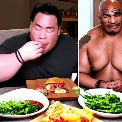 Prompt: obese crying mike tyson mukbang