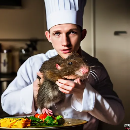 Image similar to variety - first picture of live action ratatouille shows tom holland with a real live rat on his chef's hat ( eos 5 ds r, iso 1 0 0, f / 8, 1 / 1 2 5, 8 4 mm, postprocessed, bokeh )