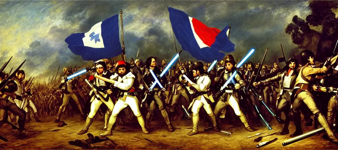 Prompt: liberty leading the people, french revolution, flag, quebec, blue fleur - de - lis, eugene delacroix, jedi, lightsaber, ewoks, at - st, tie - fighter, endor forest, oil on canvas