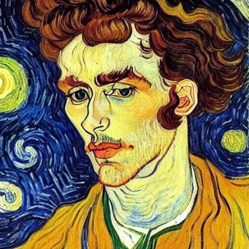 Image similar to painting of handsome beautiful dark medium wavy hair man in his 2 0 s, dressed as an oracle, looking upward to the heavens above, slight smile, foreseeing the future, elegant, clear, painting, highly stylized, art by vincent van gogh, egon schiele