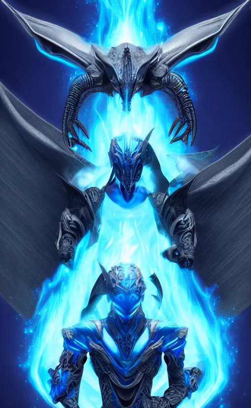 Image similar to young male cyborg with a dragon - inspired suit, dragon head, dragon wings, dragon tail, wielding a blue flame, digital art, alien, rich iridescent colors, d & d, very detailed, symmetrical, 8 k hd, futuristic