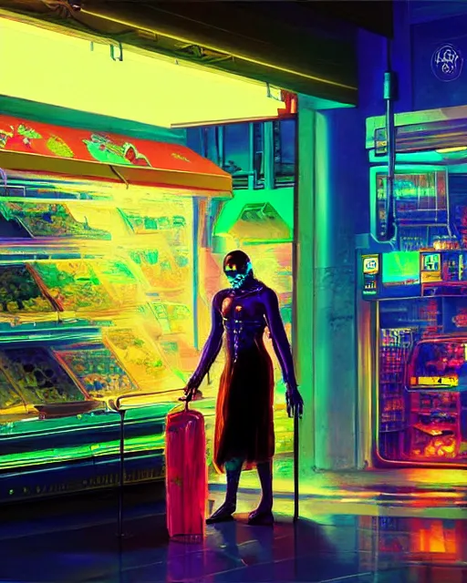 Prompt: cyberpunk man shopping at a neon soaked grocery store, science fiction painting, elegant intricate digital painting artstation, art by salvador dali, detailed