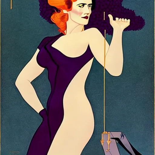 Prompt: Eva Green is Super Spy Captain, the Electric Woman, Art by Coles Phillips and Joshua Middleton, Chalk white skin, deep purple hair, Green eyes, Orange background, Mucha, Portrait of the actress, Eva Green as Metamorpho, carbon black and antique gold