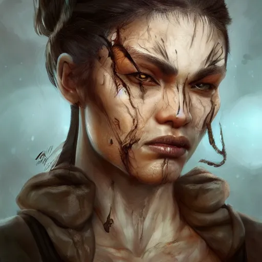 Image similar to beautiful, very strong, mixed race, female, middle aged, face, no makeup, scarred, warrior, head shot, fantasy, highly detailed, digital painting, artstation, concept art, smooth, sharp focus, illustration, art by jodie muir and brom