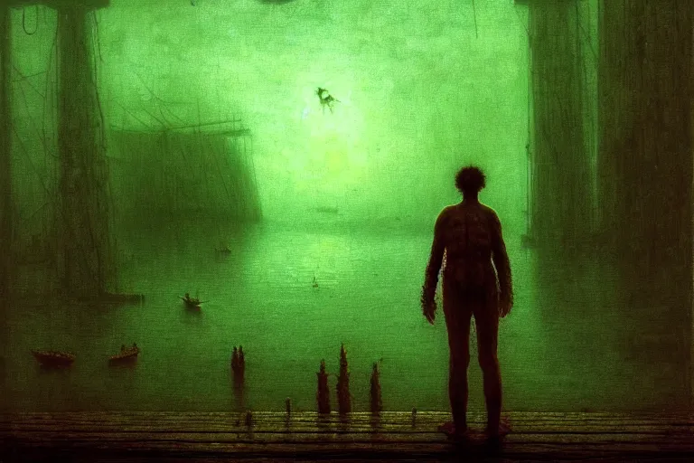 Image similar to man standing on the pier against flyflies and big trees, in the style of beksinski, solarpunk, atmospheric, clean, intricate and epic composition, green by caravaggio, insanely quality, highly detailed, masterpiece, blue light, artstation, 4 k