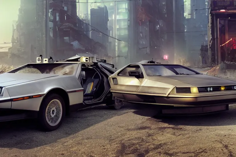 Image similar to highly detailed photorealistic rendering of a delorean parked on the streets of a cyberpunk abandoned city, driver side gullwing door is open, futuristic post - apocalyptic vibe, by greg rutkowski and stanley artgerm and alphonse mucha, octane, sharp focus, hyperrealistic, unreal engine 5, vray, masterpiece