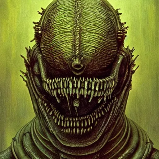 Image similar to space alien, slimy, glossy, sharp teeth, by h. r. giger, beksinski, nightmare fuel, nightmarish, intricate, highly detailed, optical illusion, stranger things demogorgon, volumetric lighting, flickering