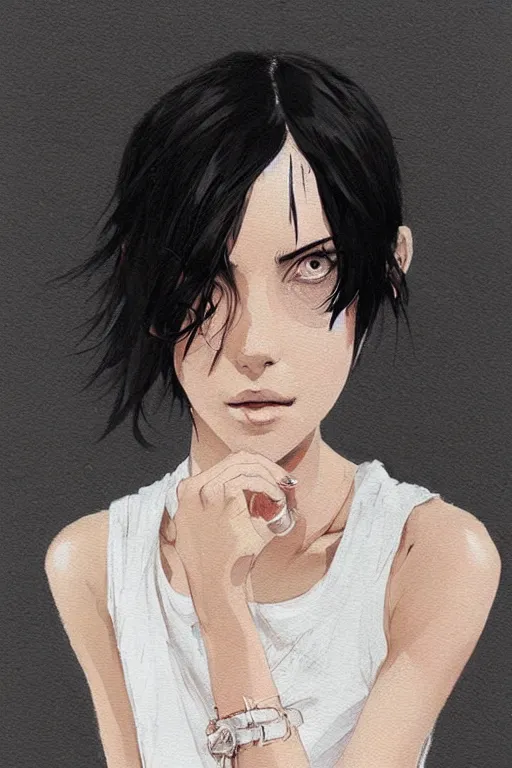 Image similar to a ultradetailed beautiful painting of a stylish woman with a white tank top, she has short black hair with bangs, by conrad roset, greg rutkowski and makoto shinkai trending on artstation