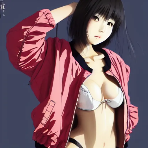 Image similar to a beautiful japanese lalisa alluring gravure model, wearing oversized designer bomber jacket and leotard, bulky poofy bomber jacket with mesoamerican patterns, mesoamerican native street fashion, gapmoe yandere grimdark, trending on pixiv fanbox, painted by greg rutkowski makoto shinkai takashi takeuchi studio ghibli, akihiko yoshida