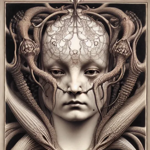 Image similar to detailed realistic beautiful porcelain calaveras face goddess portrait by jean delville, gustave dore, iris van herpen and marco mazzoni, art forms of nature by ernst haeckel, art nouveau, symbolist, visionary, gothic, neo - gothic, pre - raphaelite, fractal lace, intricate alien botanical biodiversity, surreality, hyperdetailed ultrasharp octane render