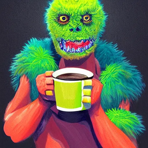 Image similar to portrait of a tennis ball monster holding a coffee, colorful, digital art, fantasy, magic, chalk, trending on artstation, ultra detailed, professional illustration by basil gogos