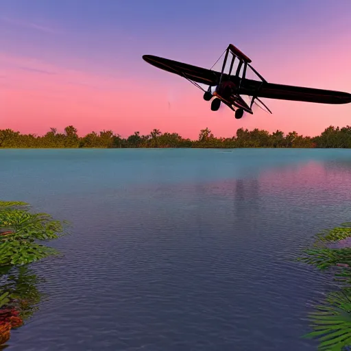 Image similar to a small engine biplane taking off over a lagoon in Thailand, sunset, synthwave, highly detailed, Ultra HD, unreal engine,