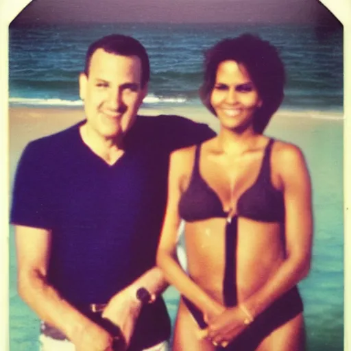 Prompt: found polaroid of my parents at beach, who look exactly like Halle Berry and Ted Cruz