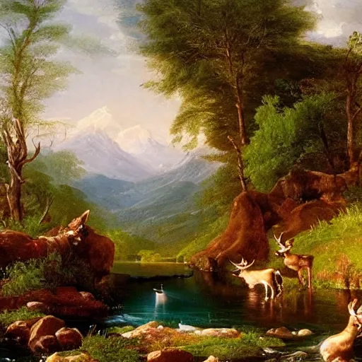 Image similar to A deer comes to drink from the stream. The deer is a metaphor for innocence. It is pure and untouched by the harshness of the world. It is gentle and fragile. An oil painting by Thomas Cole