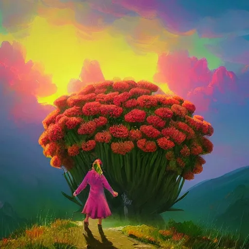 Image similar to giant carnation flower head, girl hiking in the mountains, surreal photography, sunrise, dramatic light, impressionist painting, colorful clouds, digital painting, artstation, simon stalenhag