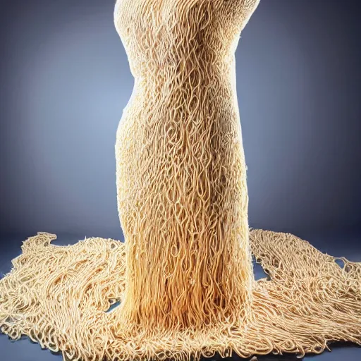 Prompt: a beautiful dress made out of noodles, on a mannequin. high quality, high resolution, studio lighting