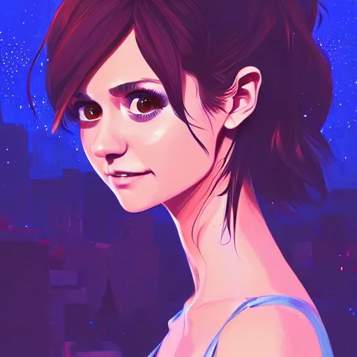 Image similar to a beautiful nina dobrev, nightime, apartment background, intricate, highly detailed, digital painting, artstation, official media, anime key visual, concept art, rich vivid colors, ambient lighting, sharp focus, illustration, art by Artgerm, Makoto Shinkai, Ilya Kuvshinov, Lois Van Baarle, and Rossdraws