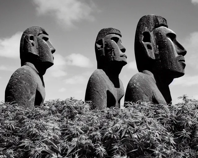 Image similar to black and white noir film. moai, the lords of cannabis. plants everywhere.