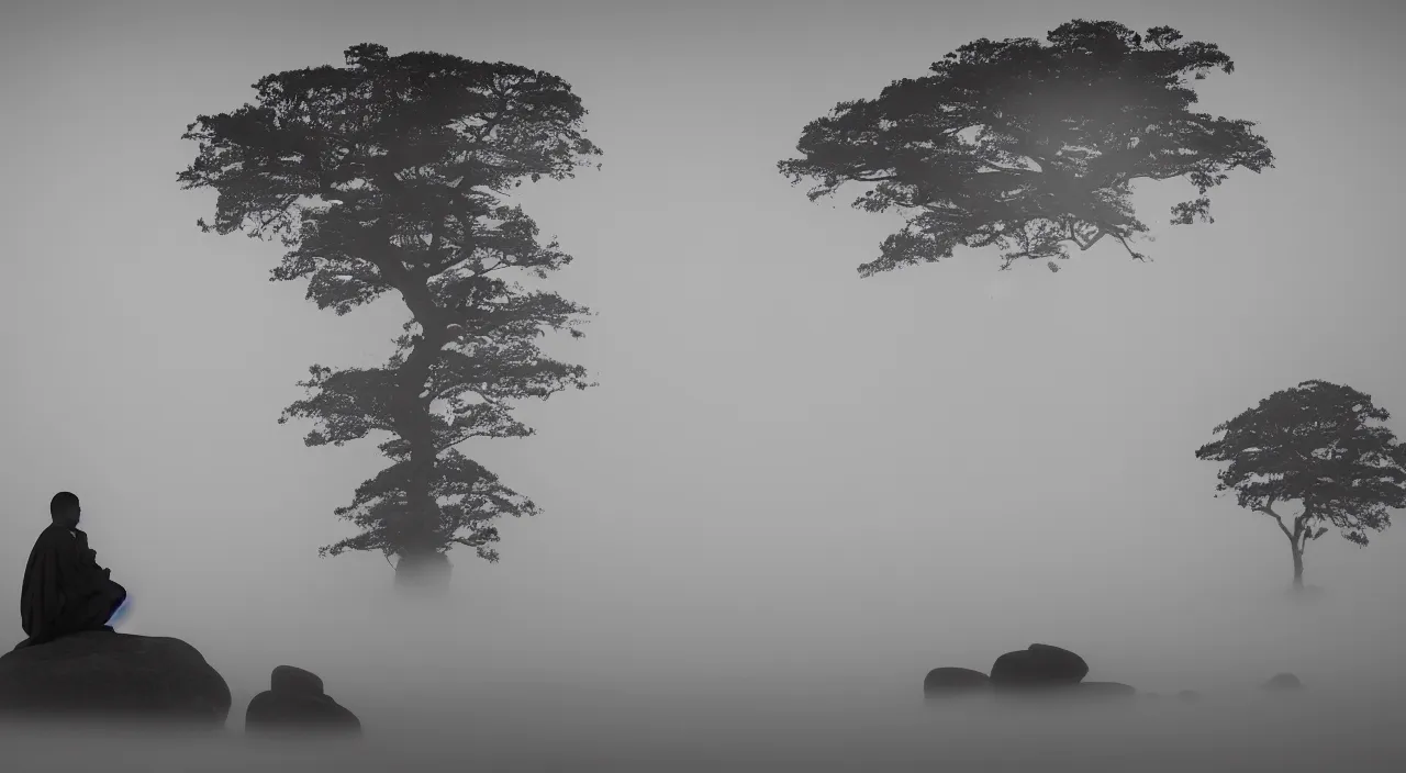 Prompt: a lonely silhouette of a meditating monk sitting in the fog on a stone protruding from the water in the rays of the morning sun, the focus of the camera on the monk, matthew snowden style.