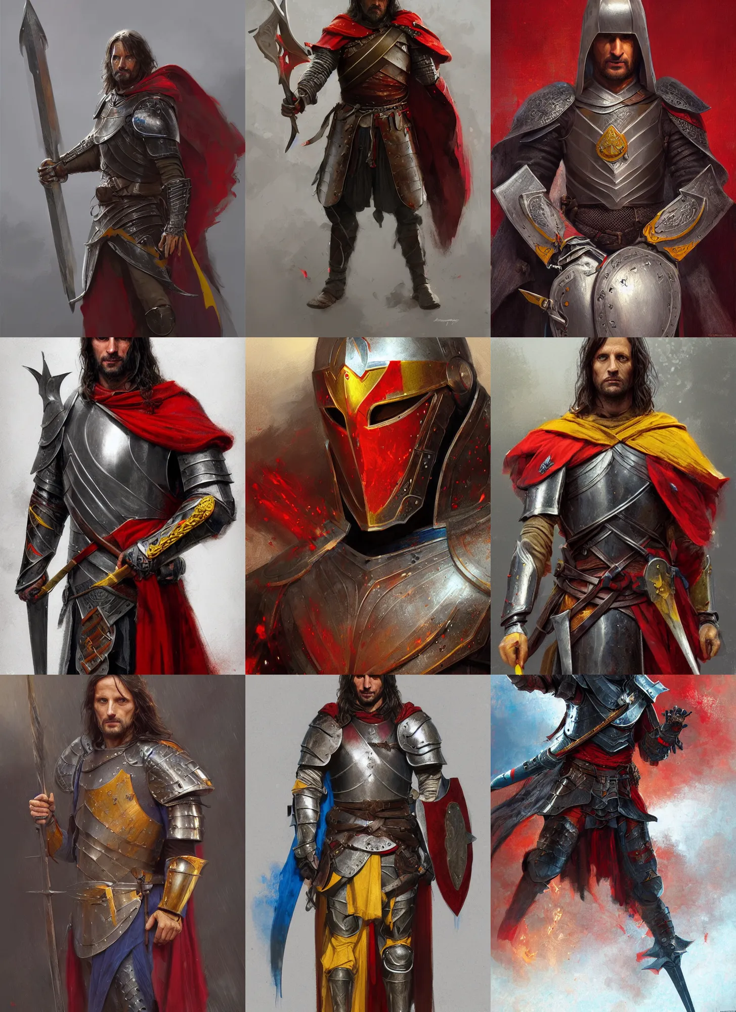 Prompt: aragorn medieval armor, dark, red yellow blue, intricate, highly detailed, smooth, artstation, digital illustration, ruan jia, mandy jurgens, rutkowski