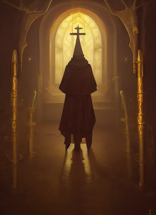 Image similar to surrealistic closeup portrait of anthropomorphic caracal in golden priest clothes wearing vr in orthodox church, bokeh, foggy, dynamic lighting, darkness, ambients, dramatic, foggy, heavy bokeh and blur, cinematic, depth of field, art by bussiere rutkowski andreas rocha