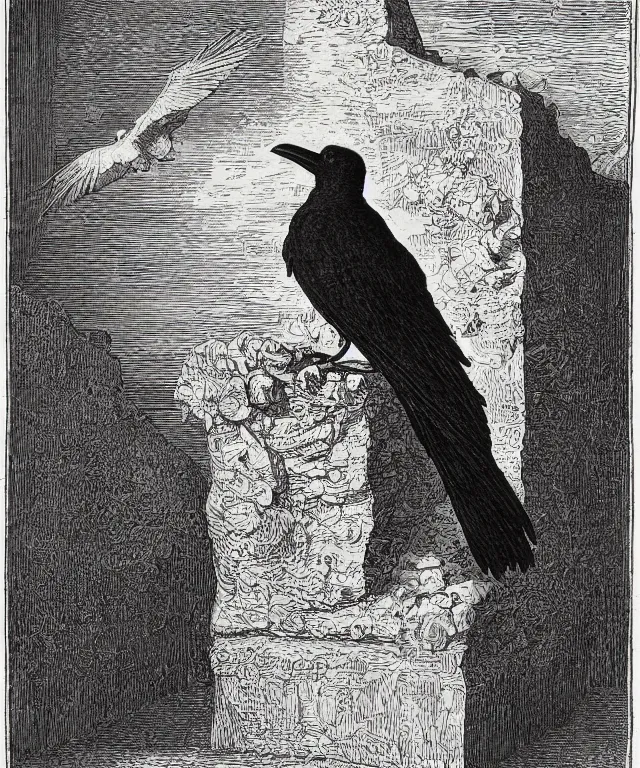 Image similar to raven sitting on a bust of pallas above a door, art by james o barr and albrecht durer and gustave dore, woodblock print, engraved, black and white, vector, vector art