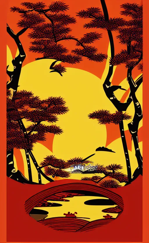 Image similar to hanafuda, an aperture to a lake in a forest of japanese pines, a big red sun in the background, front game card, vector line art, trending on behance, concept art, stunning, matte