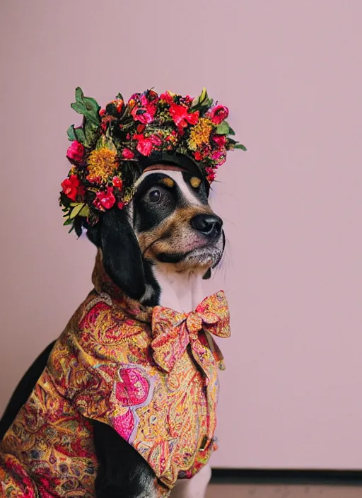 Image similar to 3 5 mm macro photography of a dog wearing a floral headdress and paisley suit