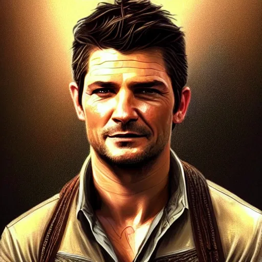 Image similar to A combination of Jensen Ackles's and Orlando Bloom's and Timothy Olyphant's faces as Nathan Drake, western, D&D, fantasy, intricate, elegant, highly detailed, digital painting, artstation, concept art, matte, sharp focus, illustration, art by Artgerm and Greg Rutkowski and Alphonse Mucha