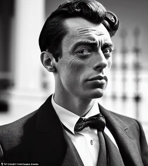 Image similar to a man who is a genetic combination of buster keaton and james dean, face and shoulders focus