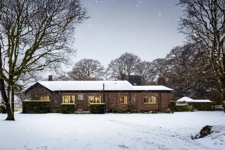 Image similar to cyberpunk, winter in the snow, an estate agent listing photo, external view of a 5 bedroom detached countryside house in the UK, by Paul Lehr