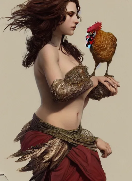 Image similar to full figure ultra realistic illustration, rooster, beautiful, intricate, elegant, highly detailed, digital painting, artstation, concept art, smooth, sharp focus, illustration, art by artgerm and greg rutkowski and alphonse mucha