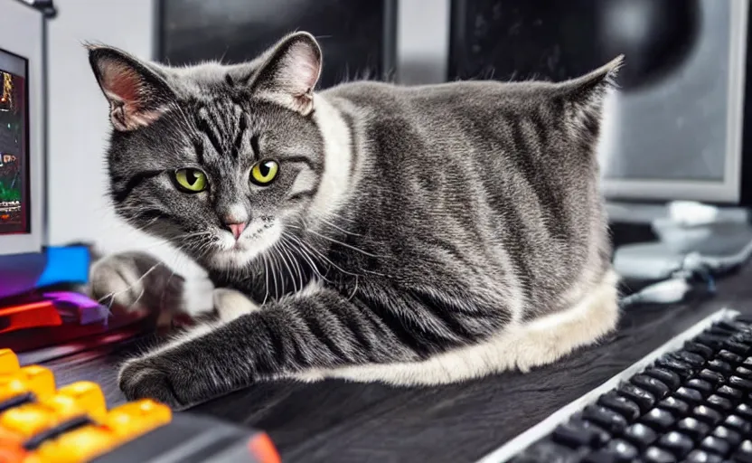 Prompt: a cat using a gaming computer, realistic, dark, rgb